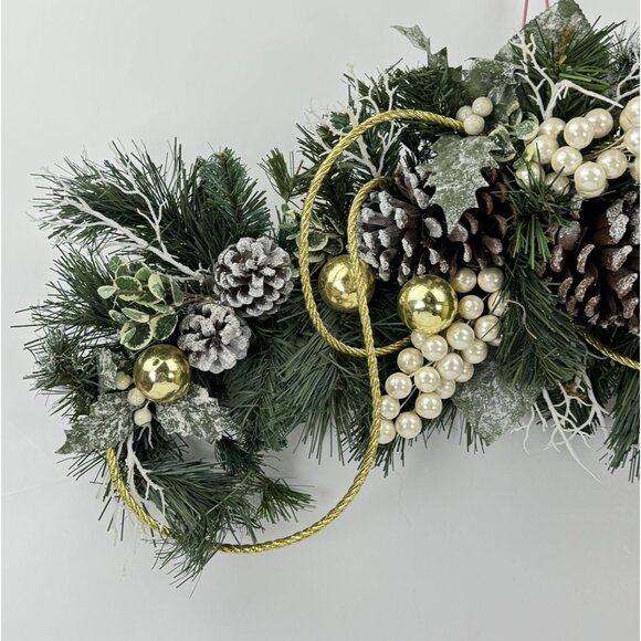 Artificial Evergreen Pinecone Holiday Swag with Gold and Pearl Accents 23"x12" - Picture 2 of 7